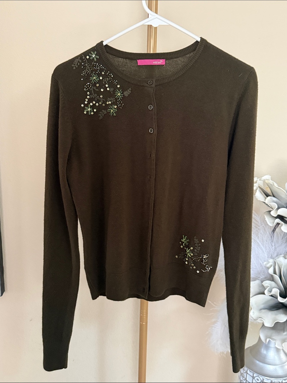 Embellished Olive Green Button-Front Cardigan by White House Black Market